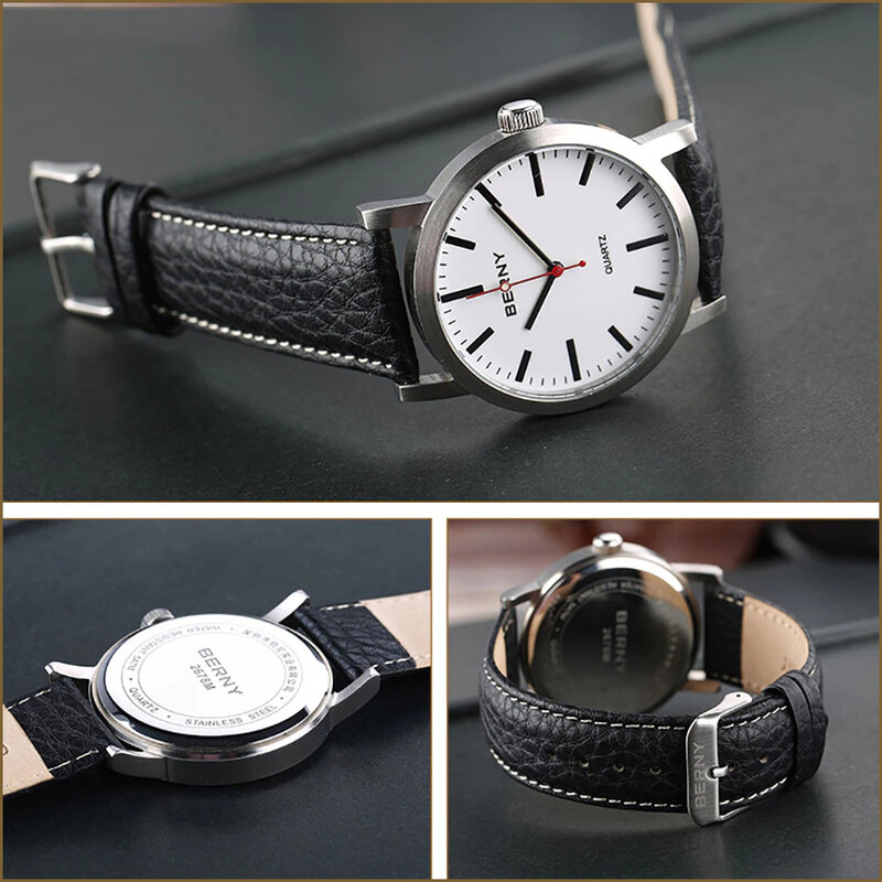 BERNY-reloj analógico de cuarzo para hombre, accesorio de pulsera resistente al agua con correa de cuero, complemento masculino de marca de lujo con diseño de ferrocarril