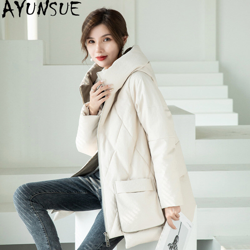Ayunsue-白いダックダウンジャケット、女性用、本物のシープスキンコート、ミドル丈のパーカーパーカー、韓国スタイルのレザージャケット、90% ダウン、2023