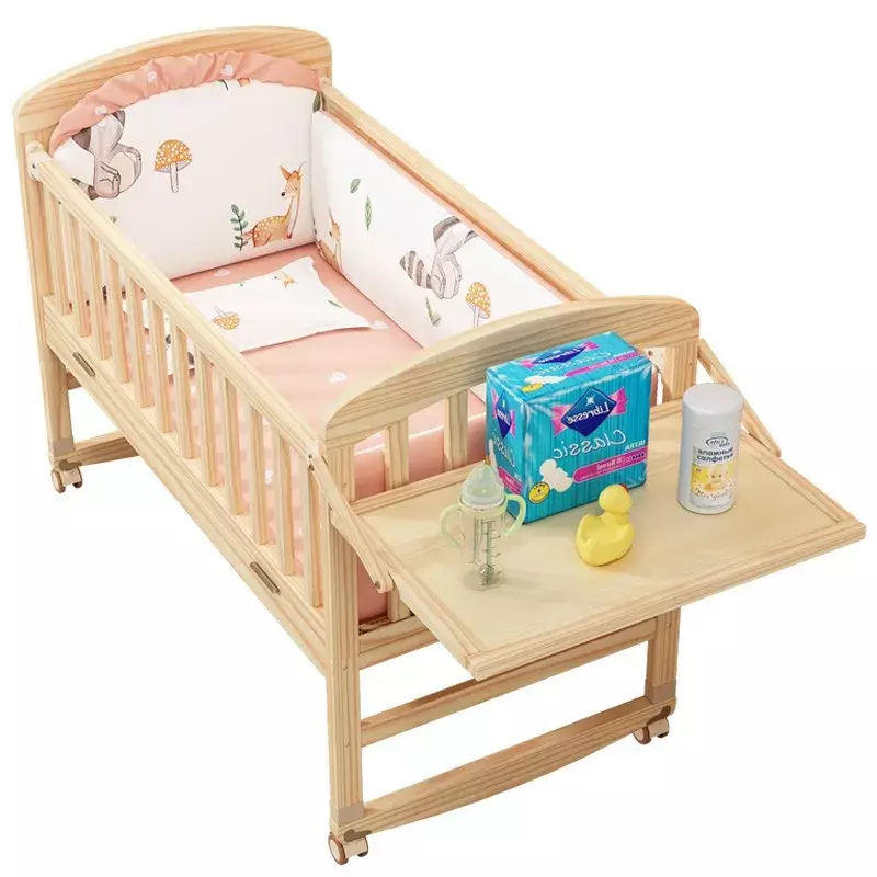 Baby Crib Mobile Newborn Crib Children's Multifunctional Solid Wood Cradle Bed Splicing Large Bed