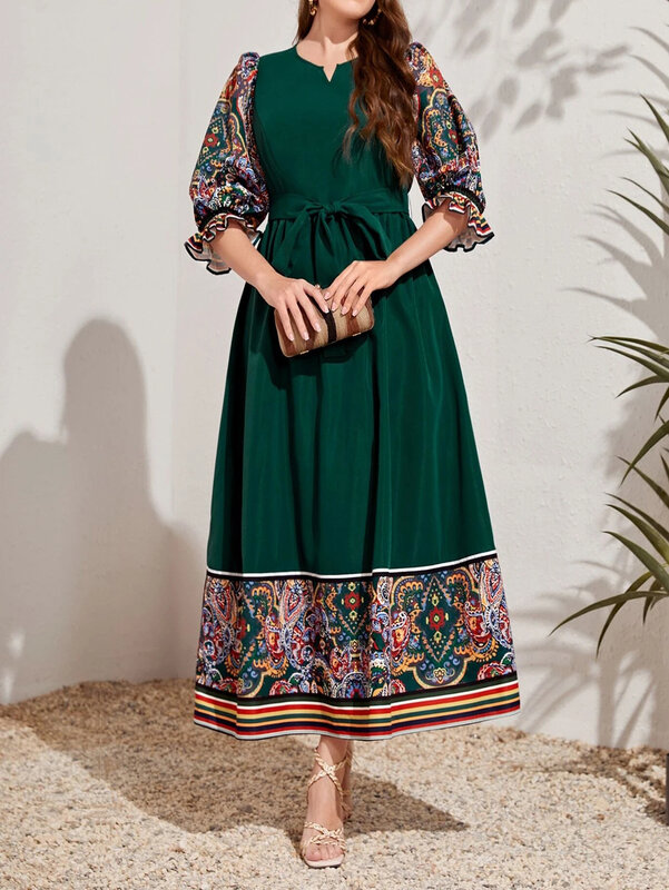 Элегантный повседневный Абая кафтан, платья, винтажное мусульманское платье с принтом, полурукавом и круглым вырезом, макси халат, элегантный женский сарафан 2024