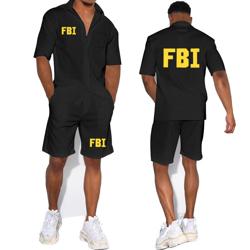 Set kemeja pria baru layar pendek fashion kualitas tinggi print FBI celana pendek gaya Hawaii warna Solid kasual lengan pendek + celana pendek 2 potong