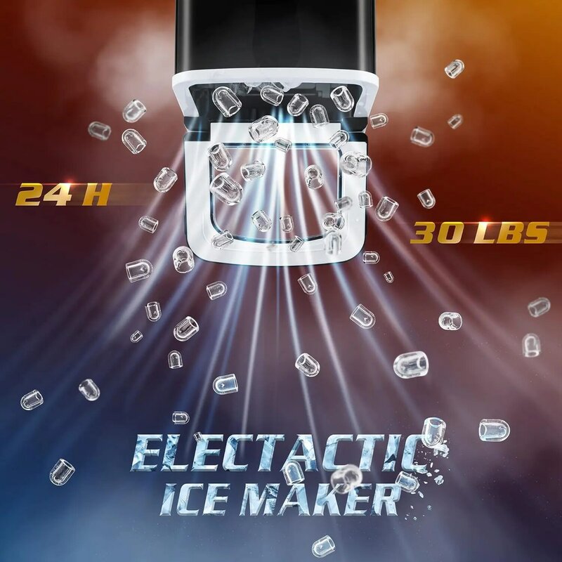 Mesin pembuat es meja portabel, mesin pembersih es otomatis 30lbs/5 menit/24 jam 2 Mode mesin pembuat es dengan sendok