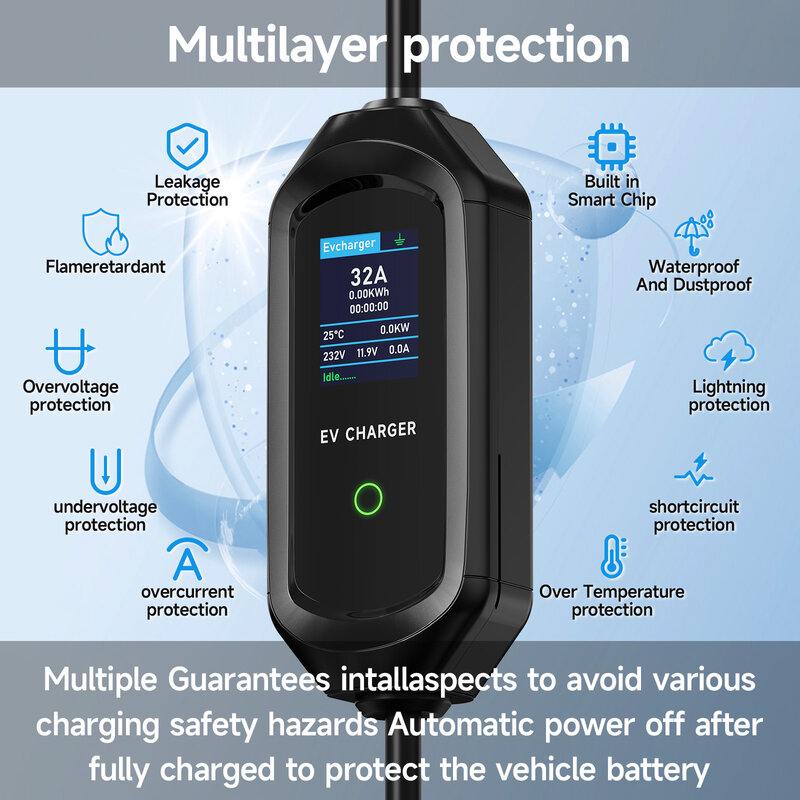 AFYEEV 32A 7.2KW Portable EV Charger Type2 Type1 Electric Vehicle Charger GB/T EVSE Charging Cable Wi-Fi Bluetooth APP Control