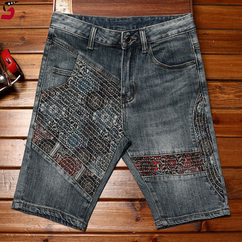High-end trendy jeans short men's summer stretch slim-fit embroidery Korean style personality fashion casual cropped pants