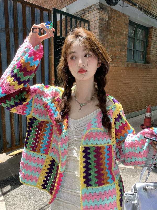 Colorful Knitting Crochet Knit Cardigan Jacket Women Spring 2024 Loose Hollow Out Tops