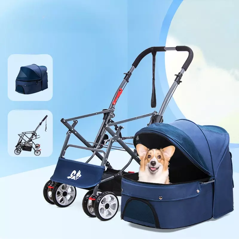 Wózek dla zwierzęcia wózek spacerowy dla psa przenośny składany samochód dla zwierząt, oddychający, odporna na zarysowania, wyjmowany dwukierunkowy wózek gniazdowy dla zwierząt