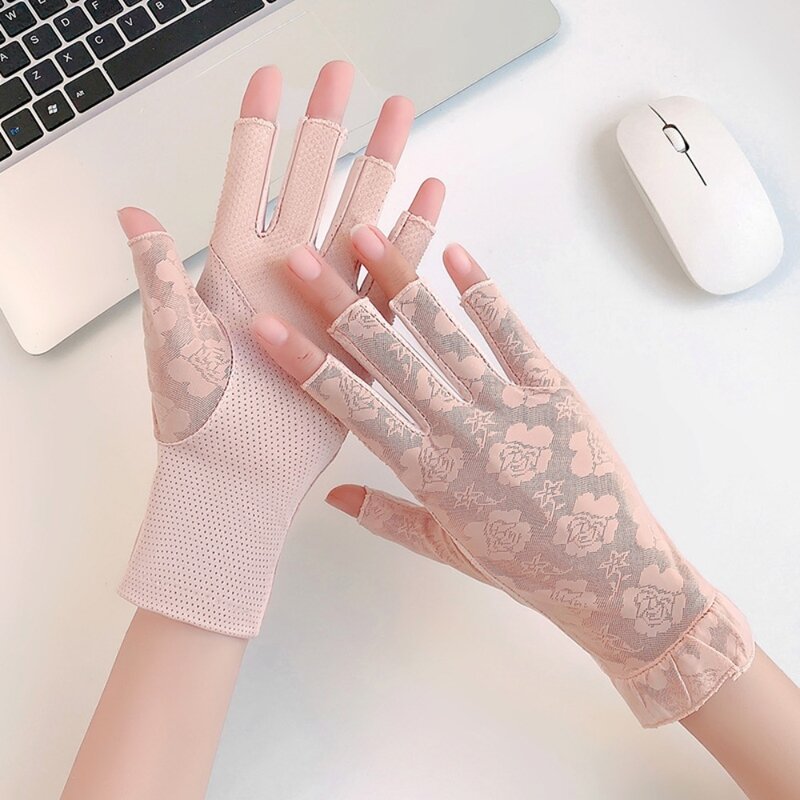 Flowers Driving Gloves Breathable Lace Mesh Half Finger Gloves Ice Silk Thin Sunscreen Mittens Gift
