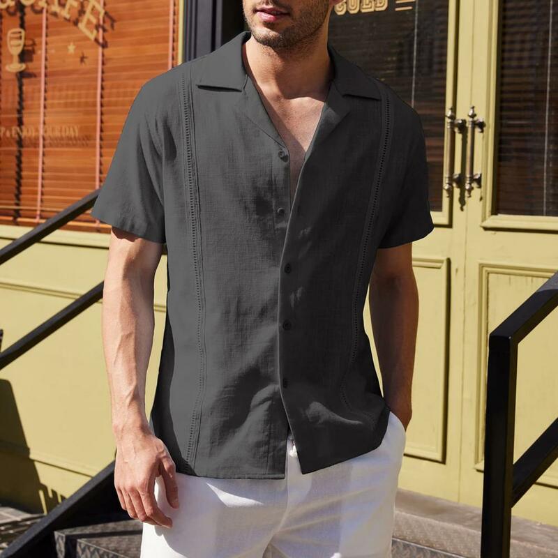Camisa de Color sólido para hombre, cuello vuelto, Top informal que combina con todo, ropa diaria de verano