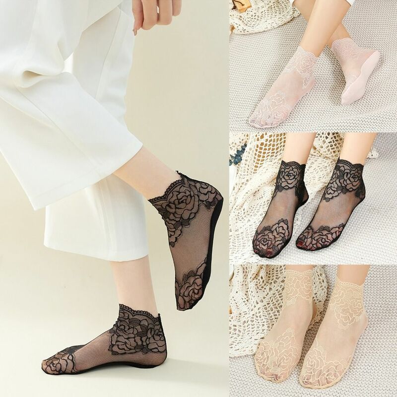 1pair Lace Flower Transparent Socks Breathable Mesh Cotton Ankle Socks Anti-slip Invisible Ruffle Sock Summer