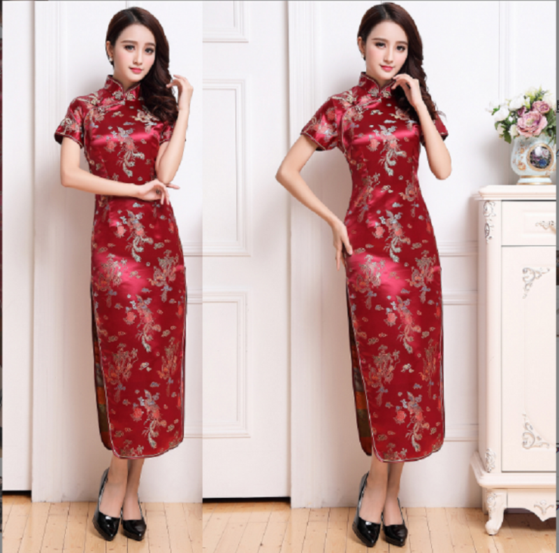 Gorąca wyprzedaż kobiet nowy chiński styl wysokiej wysokiej jakości jedwab satynowy Cheongsam klasyczna seksowna Qipao haft suknia ślubna