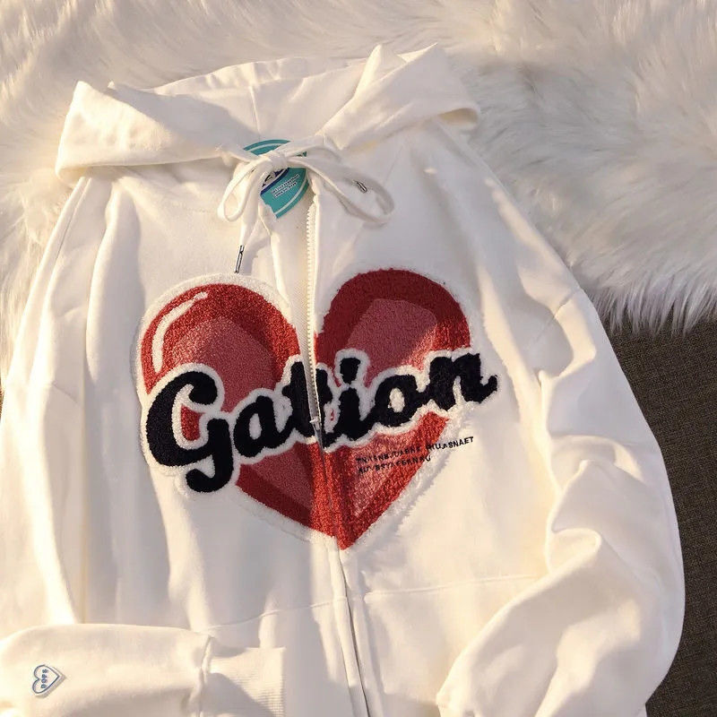 Love Shape แฟชั่น Hoodies เสื้อผู้หญิง Y2K ด้านบน Flocking American Vintage คนรัก Cardigan 2022ฤดูใบไม้ร่วงฤดูหนาวฮูดดี้ใหม