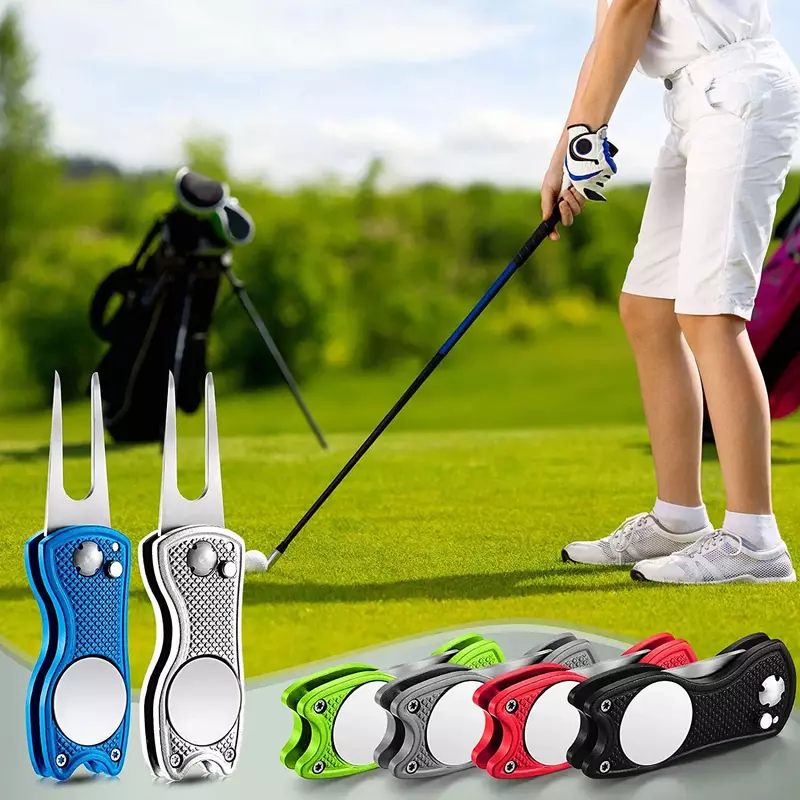 Nowy metalowy składany narzędzie do naprawy ubytków w darni golfowy z magnetyczny Marker kulkowy i Pop-z wiązaniem, zapinana na guziki zielonym akcesoria narzędziowe prezentem dla golfisty