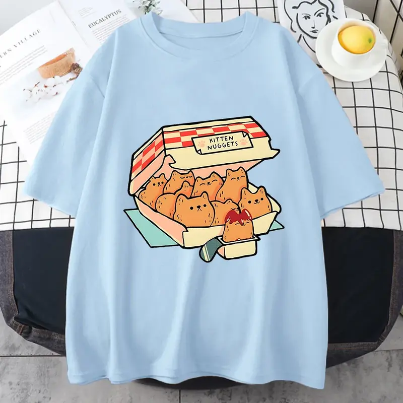 Pepite di gattino magliette felici donne Kawaii/cute High Street magliette 100% cotone T-shirt gatto biscotti immersione salsa manica corta