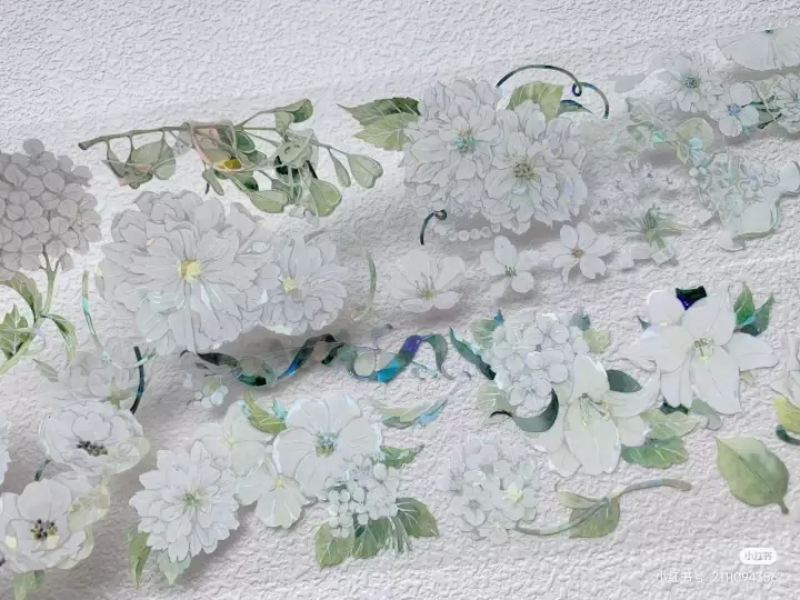Selotip PET mengkilap bunga penutup pita renda hijau putih tema pernikahan