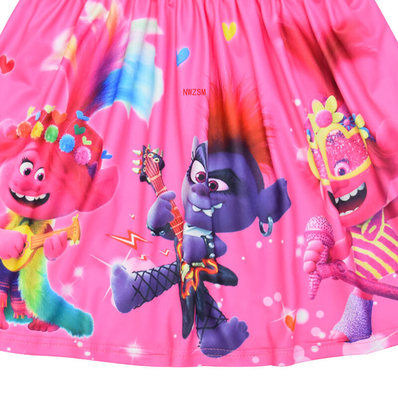 Vestido de Trolls para niñas, ropa de dibujos animados de verano, manga con volantes de seda de leche, vestidos de princesa, ropa Floral de cumpleaños