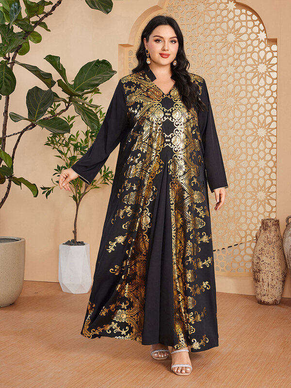 Vestido musulmán étnico para mujer, bata holgada de gran tamaño con estampado dorado, manga larga, cuello en V, primavera y otoño