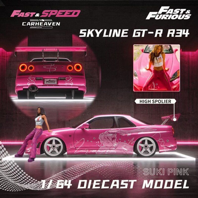 Alta asa Diecast Diecast carro modelo coleção, velocidade rápida em miniatura, FS Skyline, rosa, GTR R34, 1:64