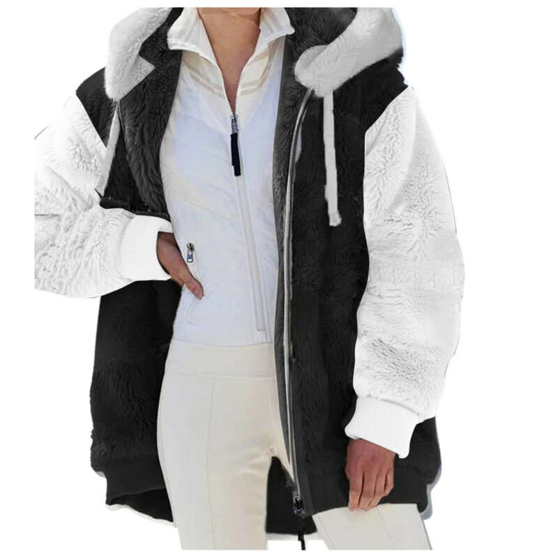 Женское лоскутное пальто из овчины, повседневное теплое пальто с капюшоном и карманами из искусственной шерсти, женская верхняя одежда