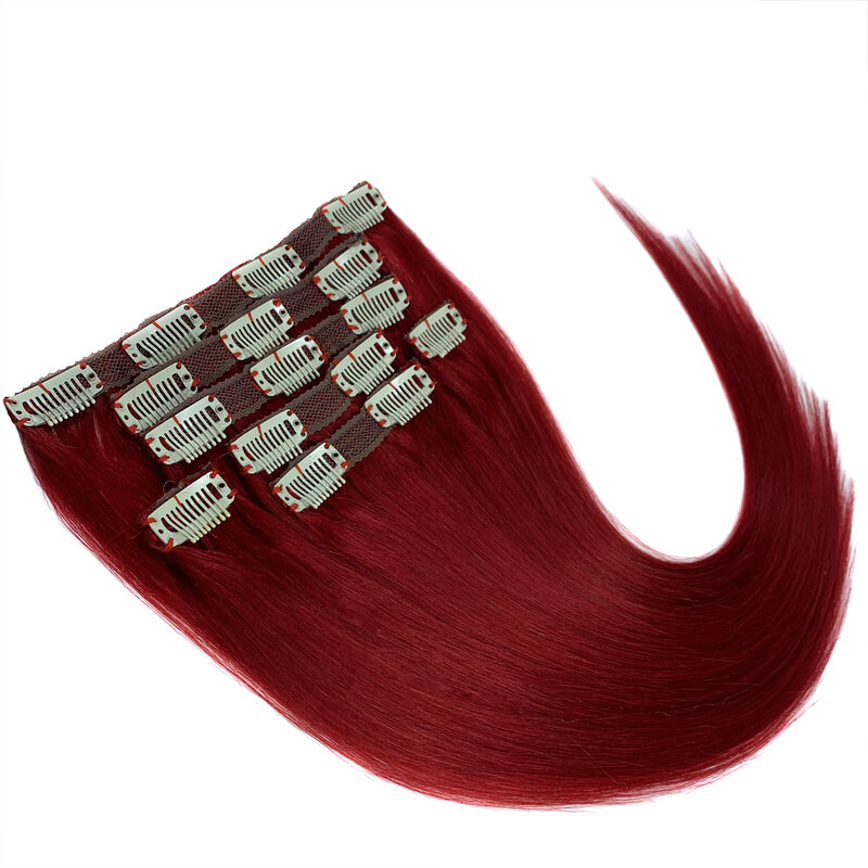 Clip in-extensiones de cabello humano liso, cabello Remy Real, cabeza completa, 7 piezas, rojo, 15 pulgadas-18 pulgadas, 70G