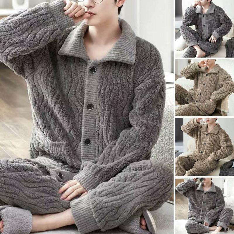 Winter Sleepwear Set Cozy Winter Homewear Plush Lapel Pajama Set with Elastic Waist Water Wave Texture Warm Pockets for Men