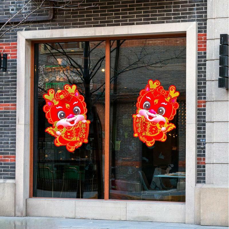 3D desenhos animados dragão ano porta adesivo, janela se agarra adesivos, chinês ano novo suprimentos, 2pcs