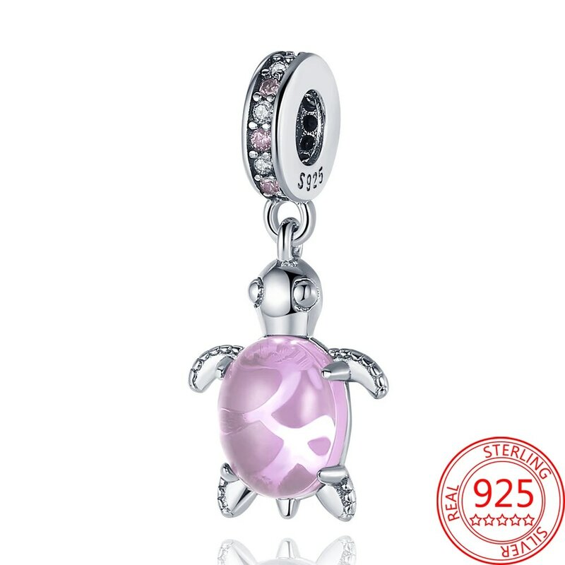 925 Sterling Silver Zircon inlaid with pink blue green purple multicolored crystal turtle Fit Pandora Bracelet  Dangle Charm