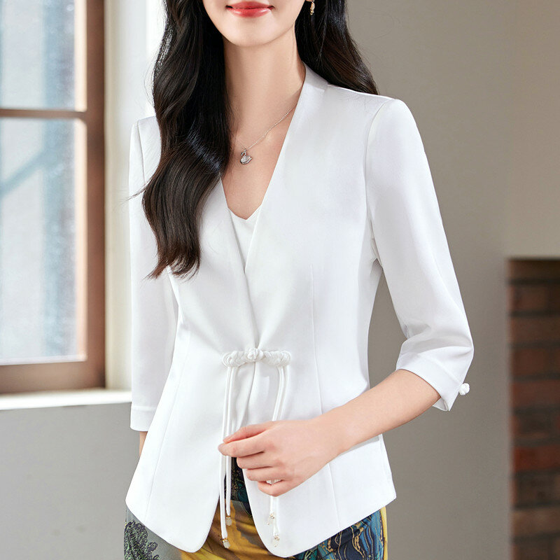 NAVIU Women Satin Silk Suit Coat Half Sleeve Solid Single Button Female Blazer Jacket Elegant Temeprament Office Lady Outerweara