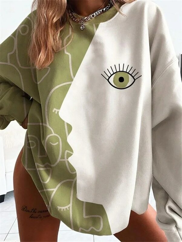 Imaginative Printed Pullovers Eye Face Kiss Impressionism Sweatshirts O-Neck Long Sleeve Loose Plus Size Spring Autumn Pullovers