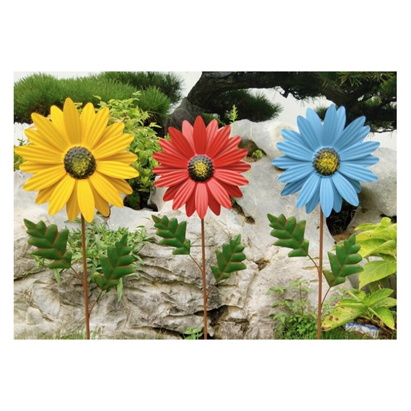 Metal Daisy Garden Stakes Decor, Flower Stick, 3D decorações ao ar livre, Yard Art para parede