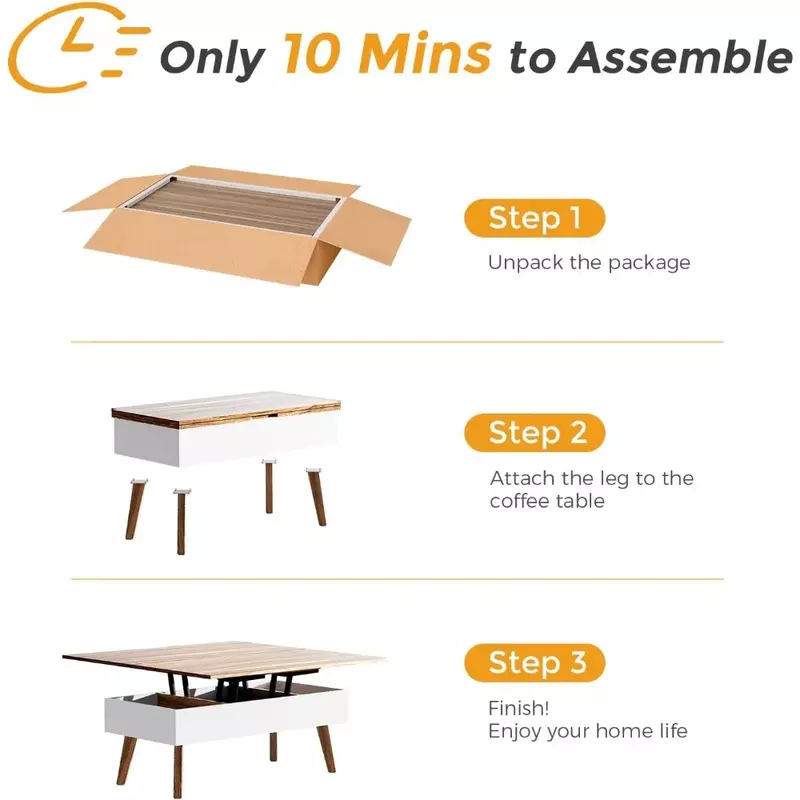 Mesa Multifuncional Coffee com Lift Top, Coffee Tables, Mesas de café, Dez Minutos Instalar, Converte para Mesa de Jantar, Noz, 3 em 1