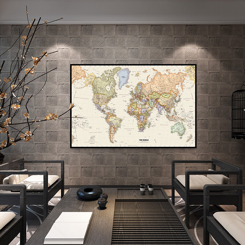 Rozmiar A2 mapa świata projekcja Mercator szczegółowa mapa głównych miasta w każdym kraju winylowe malowanie natryskowe dekoracja ścienna sypialni mapa