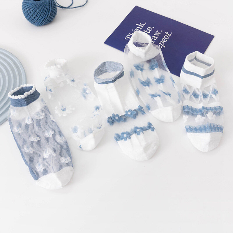 Calcetines tobilleros de seda para mujer, medias ultrafinas de fibra de vidrio transparente, estilo Harajuku con flores azules, lote de 8 pares