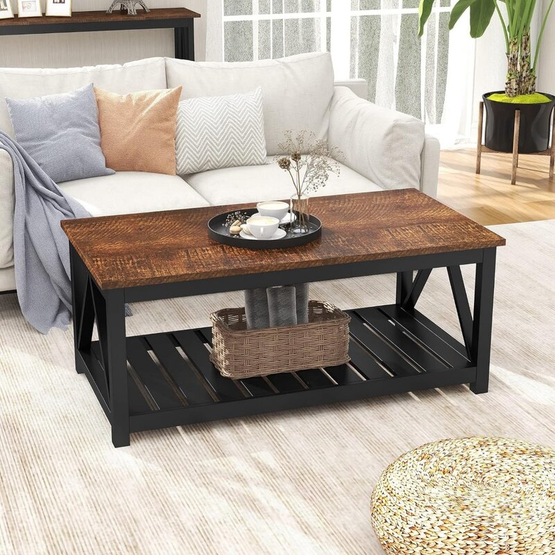 Mesa de café rústica preta com prateleira, mesa vintage para sala de estar, mobília do café, 40"