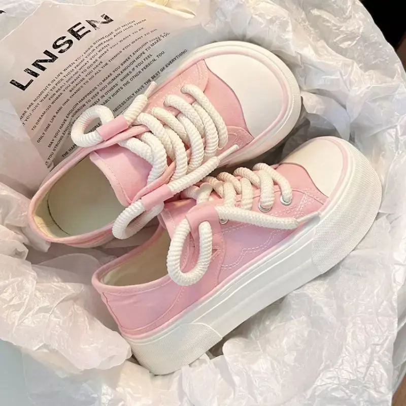 High on Platform Pink Lace Up Cute Women Footwear Kawaii Black Ladies Shoes Luxury 2024 New Urban Daily Routine Spring Korean
