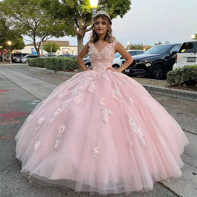 Vestidos Quinceanera Sexy V-Neck, vestido rosa, flor 3D, vestido frisado para vestidos de aniversário Debutante, 15 ° vestido de festa