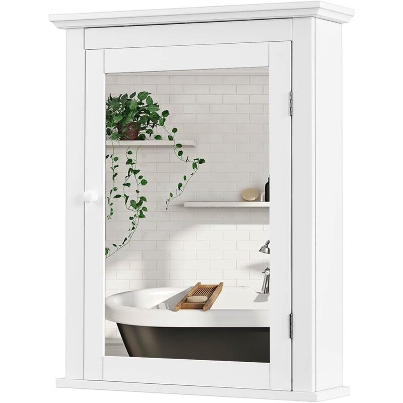 Armario con espejo para baño, armario de almacenamiento montado en la pared con puerta de espejo y estante ajustable