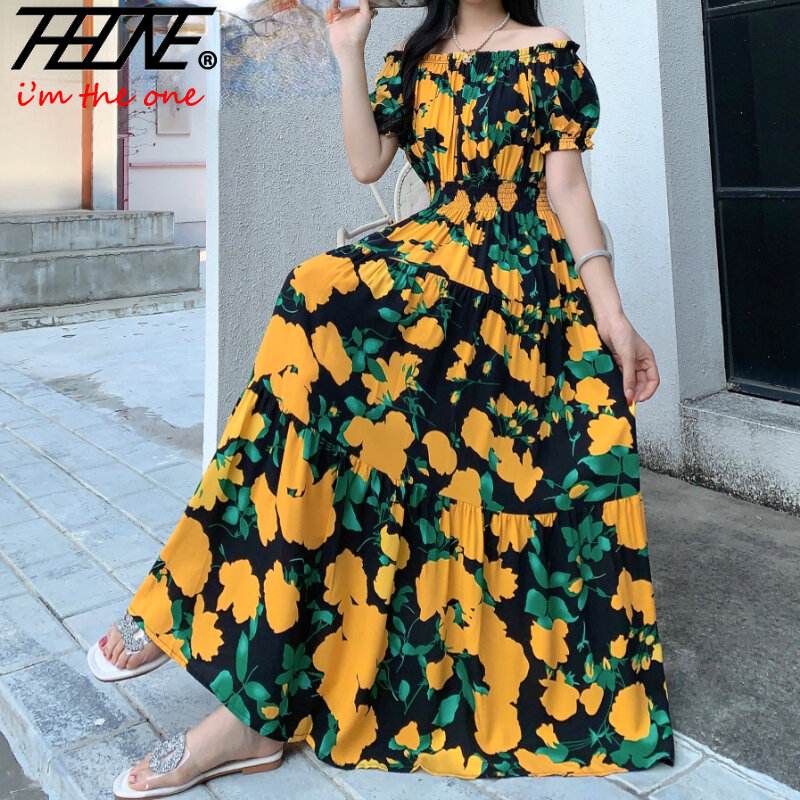THHONE Vestidos Robe Maxi Long Dress Women Summer Indian Clothes Bohemian Cotton Linen Floral Short Sleeve Korean Style Casual