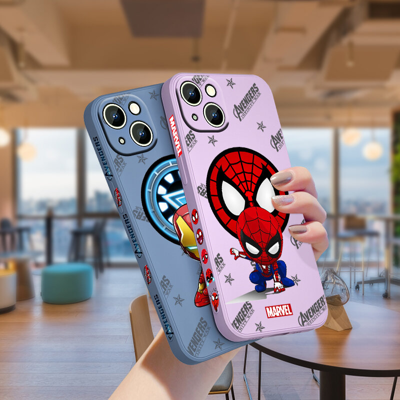 Marvel Spiderman Hero การ์ตูนสำหรับ Apple iPhone 14 13 12 Mini 11 Pro XS MAX XR X 8 7 6S Plus Liquid ซ้ายเชือกซิลิโคนโทรศัพท์กรณี