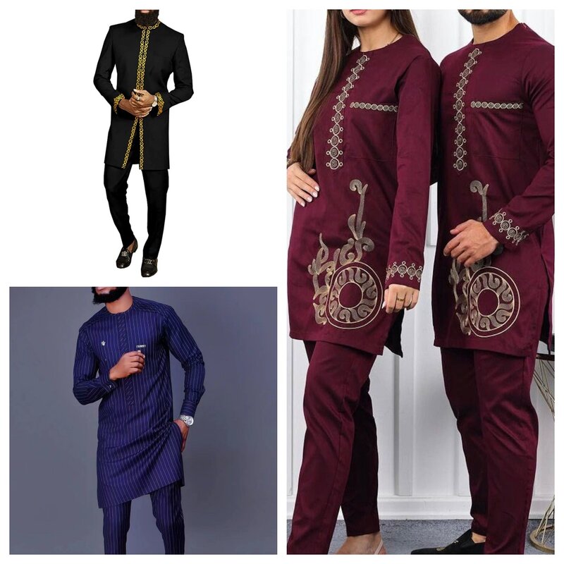 2024 nowa afrykańska sukienka męska garnitur z haftowanym dekoltem dla pana młodego koszula i spodnie 2-częściowy świąteczny garnitur na przyjęcie urodzinowe