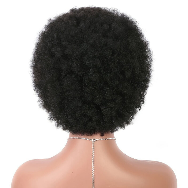 Pelucas de cabello humano rizado con flequillo para mujer, pelo corto marrón, corte Pixie, máquina, Afro, rizado