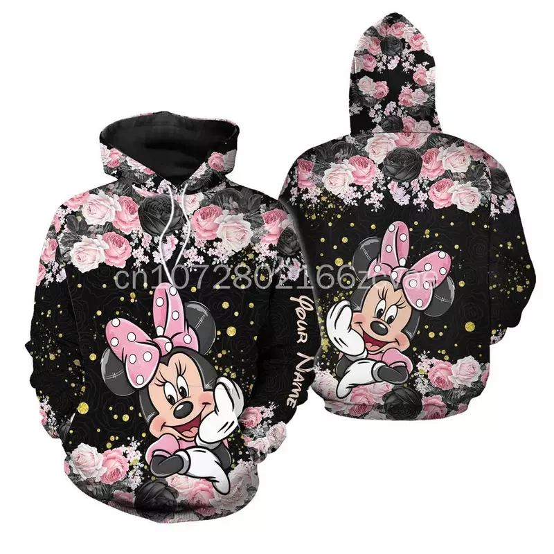 Homens e mulheres Disney Mickey e Minnie Hoodie, nome personalizado, impressão 3D, camisa esportiva casual, moda de rua, novo, 2024