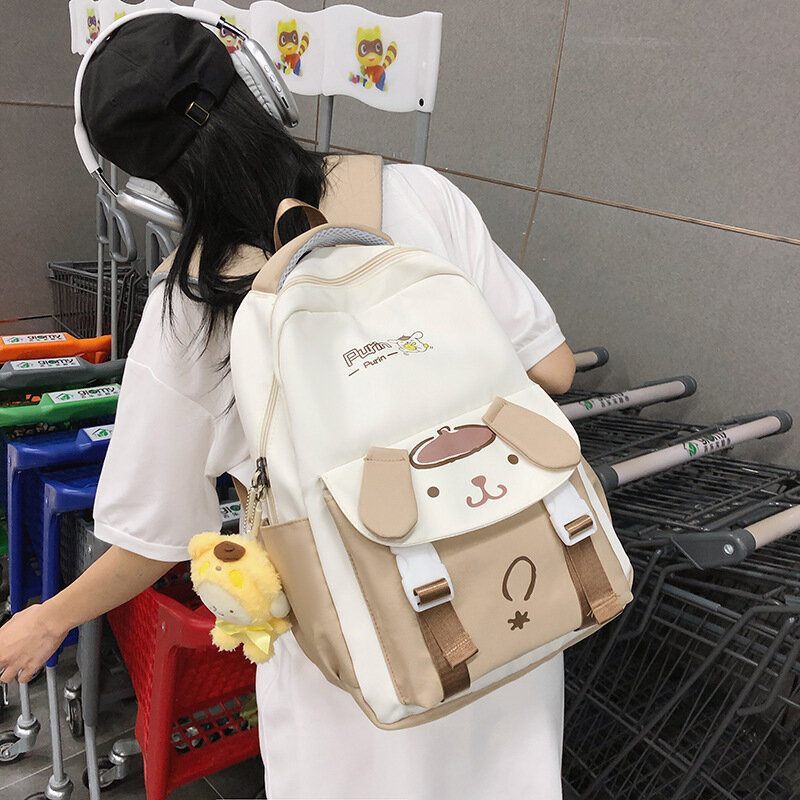 Sanrio เป้สะพายหลังการ์ตูนกระเป๋านักเรียนเด็กกันน้ำไนลอนความจุสูง26x15x40ซม. พร้อมจี้อะนิเมะของขวัญสำหรับเด็ก