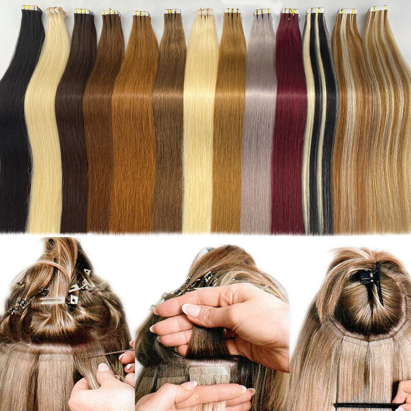 Invisible Tape Ins Adhesive Hair Extensions, Europeu Remy Cabelo Humano, Cabelo Liso, 10Pcs por Pacote
