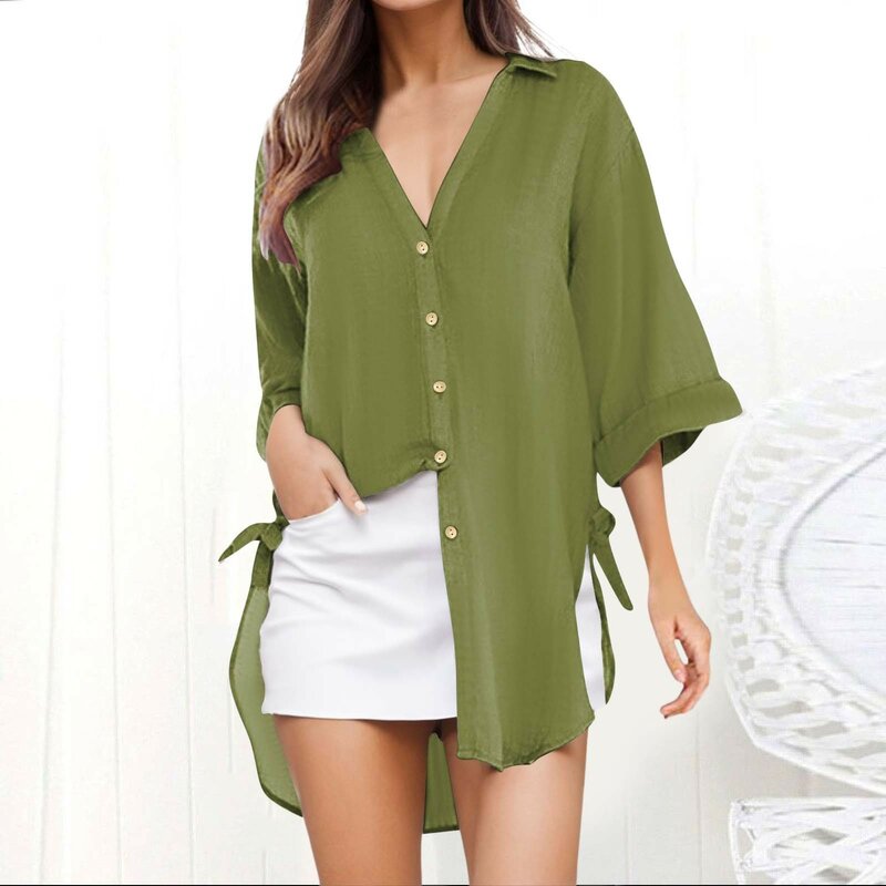 Blusa Vintage de lino y algodón para mujer, camisa holgada informal de manga larga con botones y cuello vuelto, Color sólido