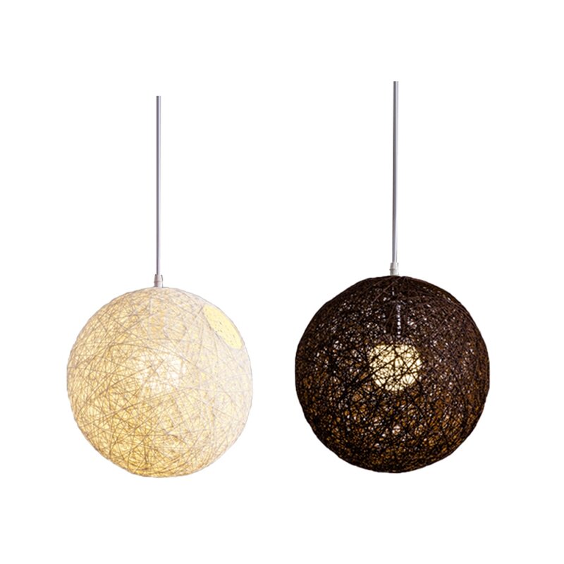 2 Pcs Bamboo, Rattan And Hemp Ball Chandelier Individual Creativity Spherical Rattan Nest Lampshade - White & Coffee