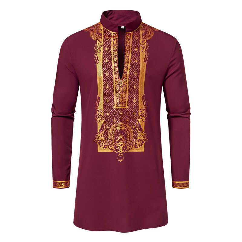 Mode Moslim Shirts Pak Nationale Stijl Staande Kraag Lange Mouw Print Top Broek Set 2 Stuks Casual Mid-Length Afrikaanse Kleding