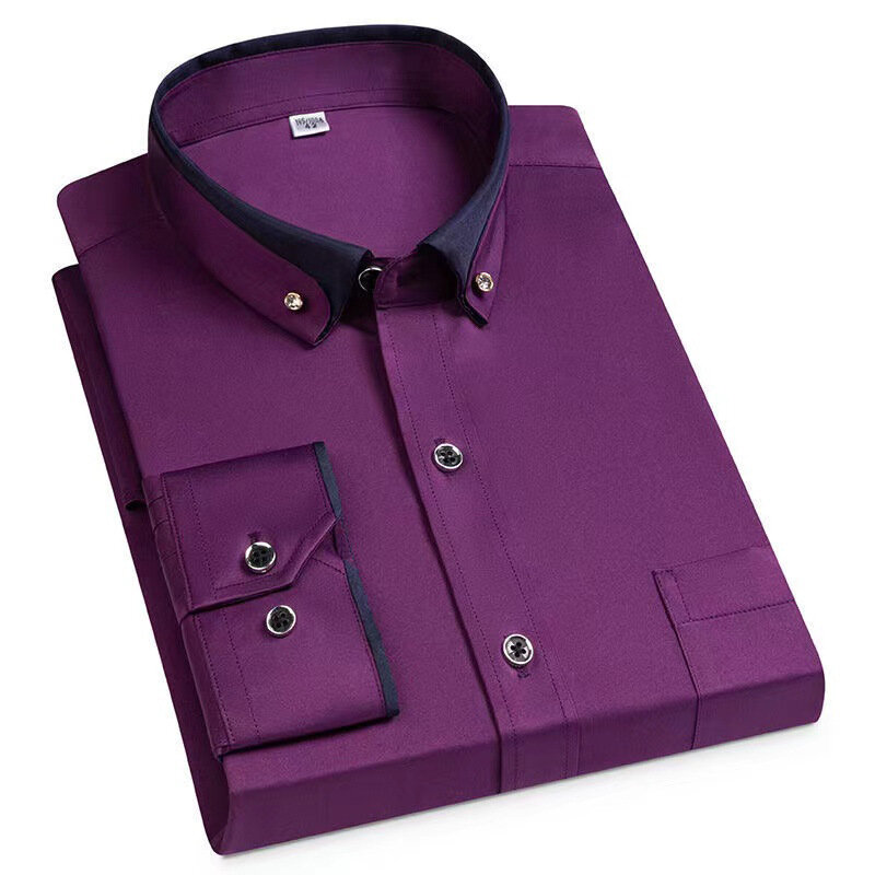 Nieuwe Mannen Lange Mouwen Shirts Iron-Gratis Elastische Kristal Knop Kraag Polyester Top Smart Dress Fashion Business casual Shirts
