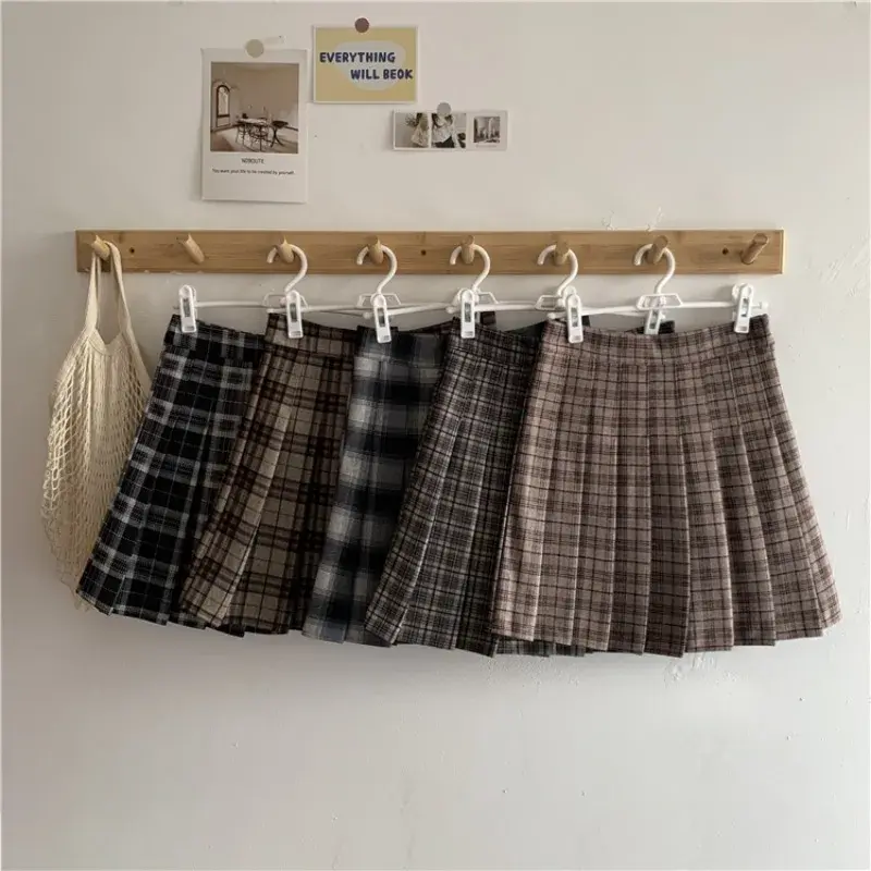 Falda plisada a cuadros de estilo coreano para mujer, prenda de cintura alta, fina, de lana, para estudiantes, novedad de primavera y otoño, 2022