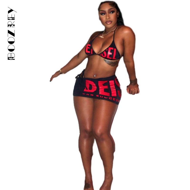 BoozRey-Conjunto de Bikini de cintura alta para mujer, traje de baño con estampado de letras, de 3 piezas falda negra, traje de Club Sexy, novedad de 2024