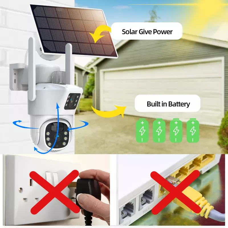 Cámara Solar WIFI de doble lente, CCTV de seguridad inalámbrica, 8MP, HD, impermeable, visión nocturna, PIR, detección humana, PTZ, cámaras de vigilancia para el hogar